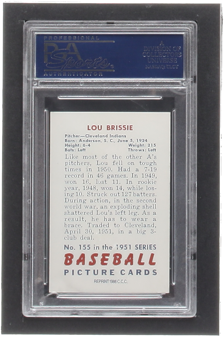 Lou Brissie Signed 1986 Card Collectors Company '51 Bowman Reprints #155 (PSA) at PristineAuction.com Lou Brissie Signed 1986 Card Collectors Company '51 Bowman Reprints #155 (PSA) at PristineAuction.com