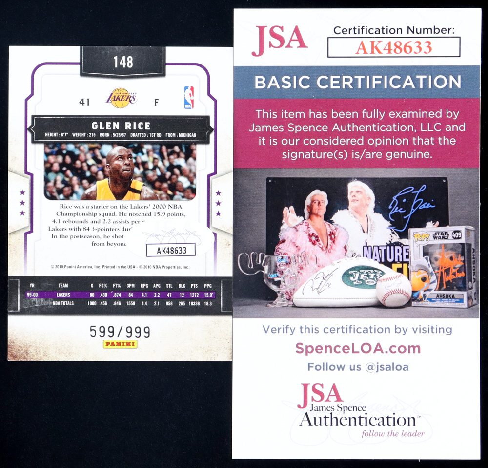 Glen Rice Signed 2009-10 Classics #148 #599/999 (JSA) at PristineAuction.com Glen Rice Signed 2009-10 Classics #148 #599/999 (JSA) at PristineAuction.com