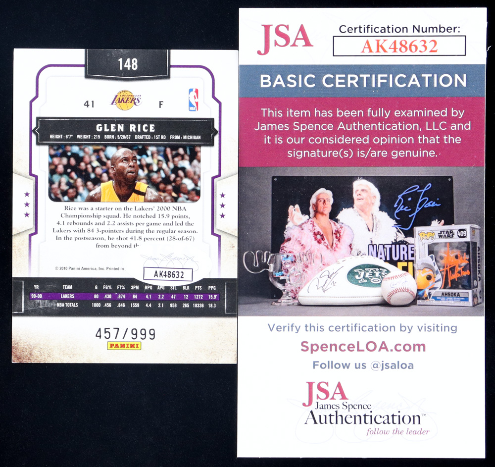 Glen Rice Signed 2009-10 Classics #148 #457/999 (JSA) at PristineAuction.com Glen Rice Signed 2009-10 Classics #148 #457/999 (JSA) at PristineAuction.com