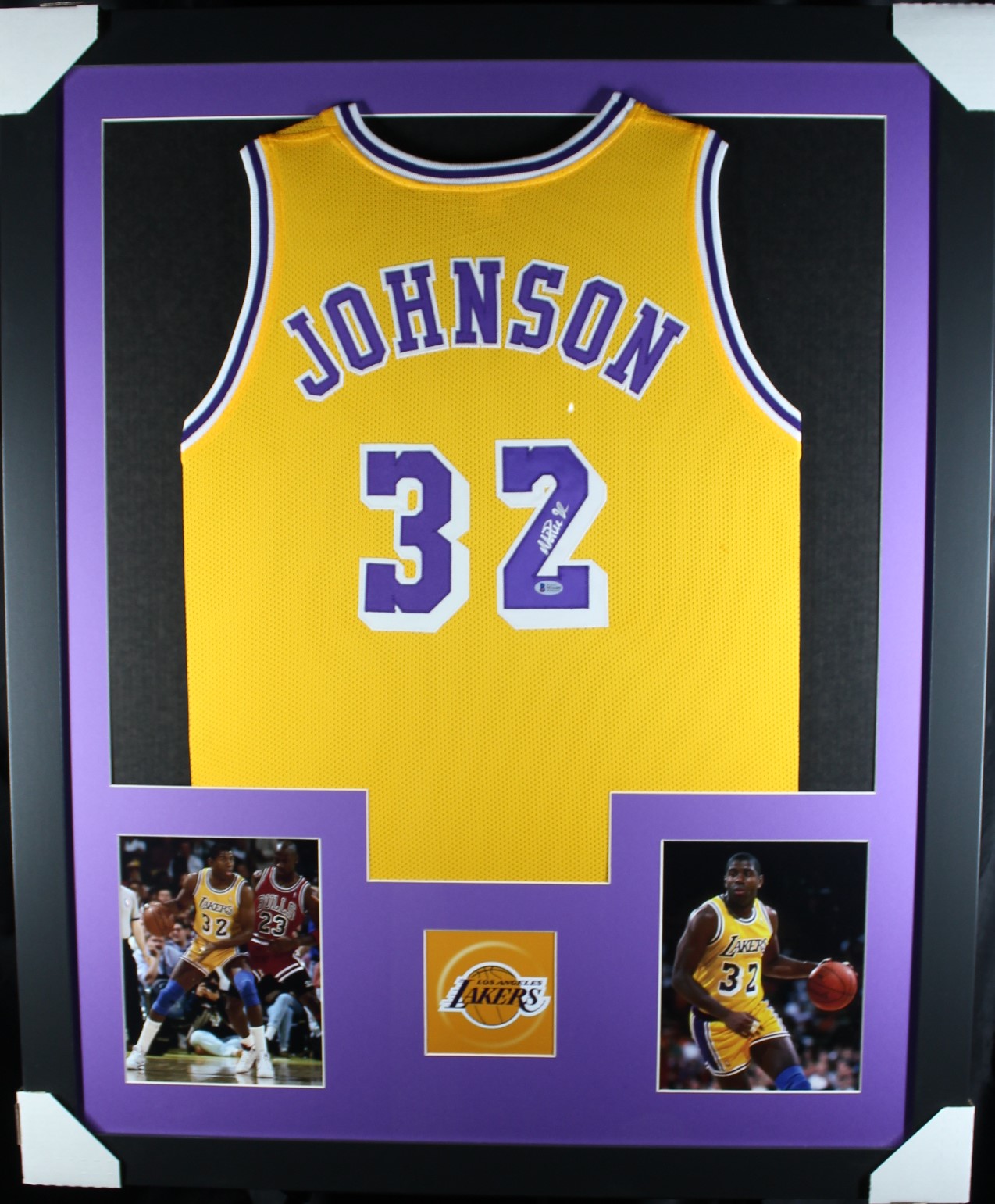 Magic Johnson Signed 35x43 Custom Framed Jersey Display (Beckett) at PristineAuction.com Magic Johnson Signed 35x43 Custom Framed Jersey Display (Beckett) at PristineAuction.com