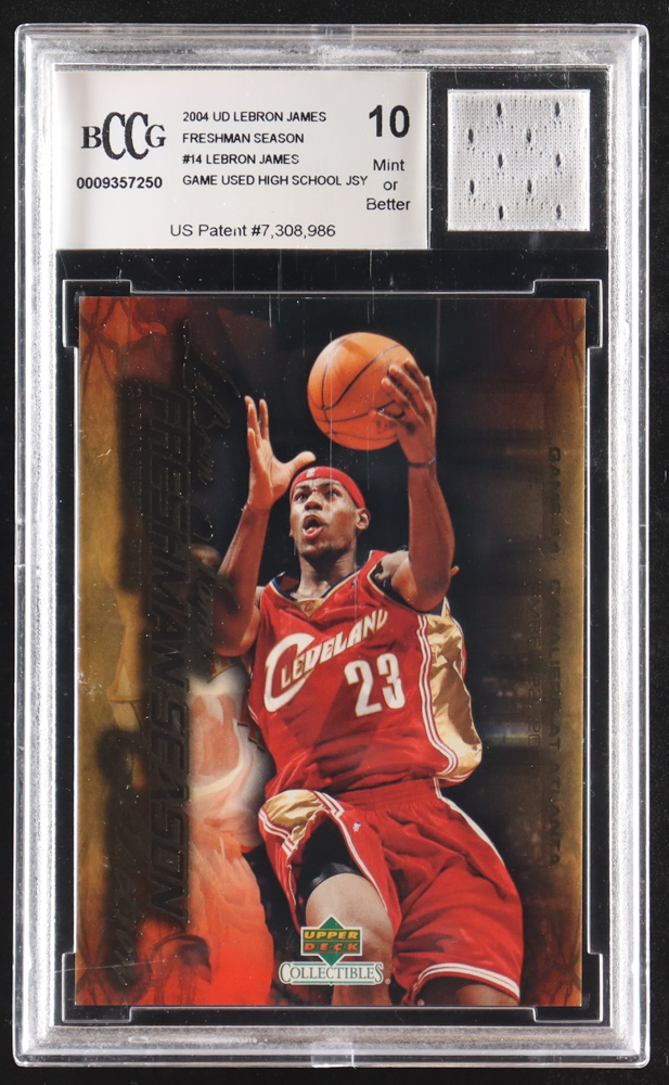 LeBron James 2004 Upper Deck LeBron James Freshman Season #14 with Game-Used Jersey Piece (BCCG 10) at PristineAuction.com LeBron James 2004 Upper Deck LeBron James Freshman Season #14 with Game-Used Jersey Piece (BCCG 10) at PristineAuction.com