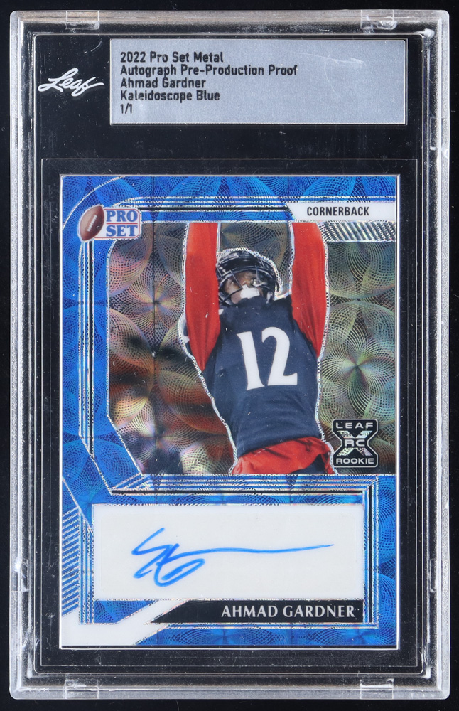 Ahmad "Sauce" Gardner 2022 Pro Set Metal Autograph Pre-Production Proof Kaleidoscope Blue RC #1/1 (Leaf) at PristineAuction.com Ahmad "Sauce" Gardner 2022 Pro Set Metal Autograph Pre-Production Proof Kaleidoscope Blue RC #1/1 (Leaf) at PristineAuction.com