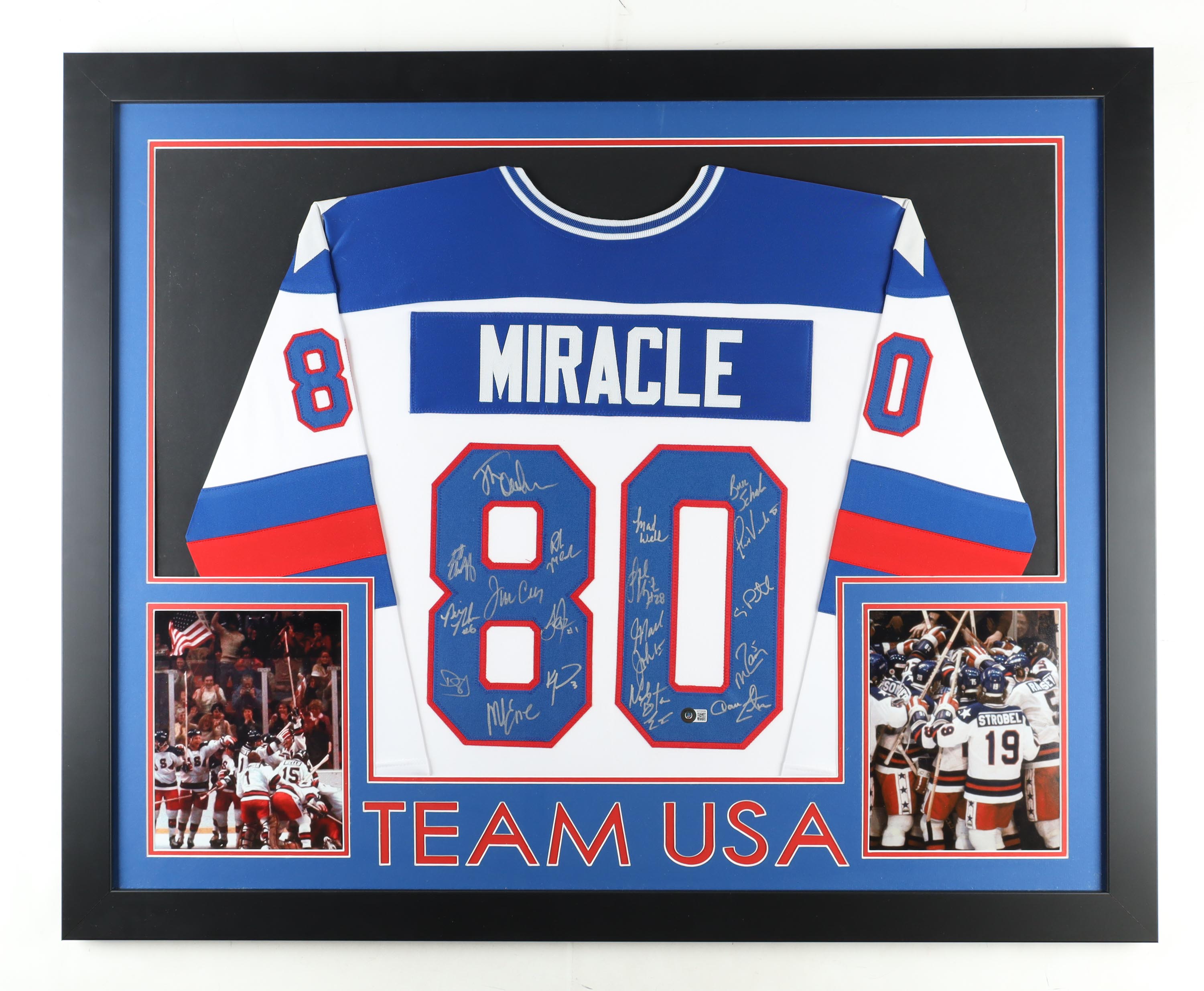 "Miracle On Ice" Custom Framed Jersey Display Team-Signed By (19) With Mike Eruzione, Jim Craig, Bill Baker, Neal Broten, Jack O'Callahan (Beckett) at PristineAuction.com "Miracle On Ice" Custom Framed Jersey Display Team-Signed By (19) With Mike Eruzione, Jim Craig, Bill Baker, Neal Broten, Jack O'Callahan (Beckett) at PristineAuction.com
