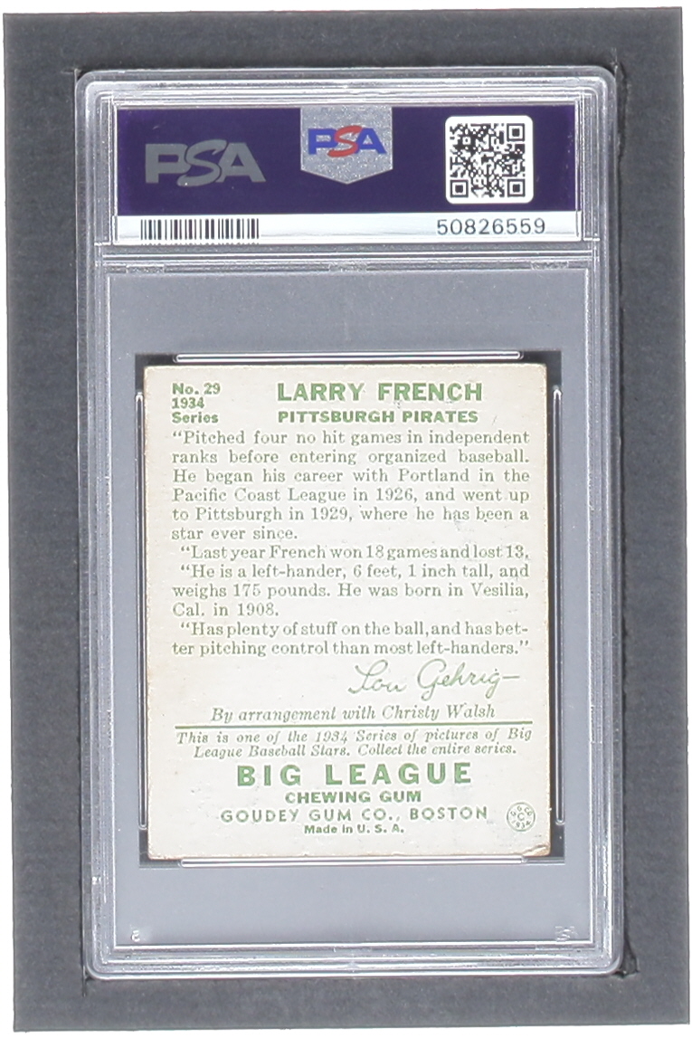 Larry French 1934 Goudey #29 RC (PSA 3.5) at PristineAuction.com Larry French 1934 Goudey #29 RC (PSA 3.5) at PristineAuction.com