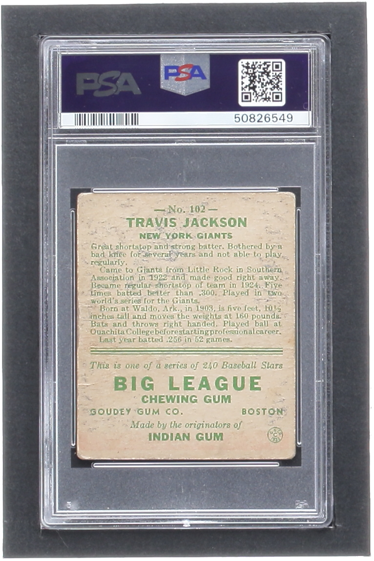 Travis Jackson 1933 Goudey #102 RC (PSA 1) at PristineAuction.com Travis Jackson 1933 Goudey #102 RC (PSA 1) at PristineAuction.com