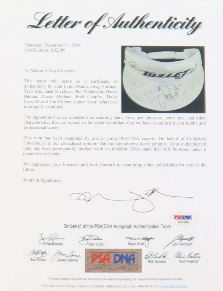 Bullet Adjustable Golf Visor Signed by (10) with Jack Nicklaus, Fred Couples, Lynn Swann & Greg Norman (PSA) at PristineAuction.com Bullet Adjustable Golf Visor Signed by (10) with Jack Nicklaus, Fred Couples, Lynn Swann & Greg Norman (PSA) at PristineAuction.com