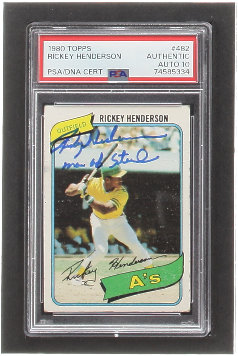 Rickey Henderson Signed 1980 Topps #482 RC Inscribed "Man of Steal" (PSA | Auto 10) at PristineAuction.com Rickey Henderson Signed 1980 Topps #482 RC Inscribed "Man of Steal" (PSA | Auto 10) at PristineAuction.com