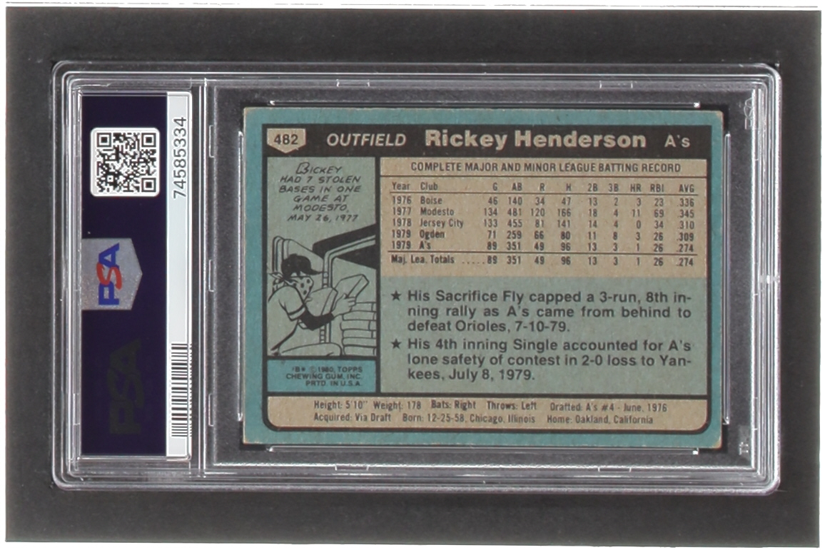 Rickey Henderson Signed 1980 Topps #482 RC Inscribed "Man of Steal" (PSA | Auto 10) at PristineAuction.com Rickey Henderson Signed 1980 Topps #482 RC Inscribed "Man of Steal" (PSA | Auto 10) at PristineAuction.com