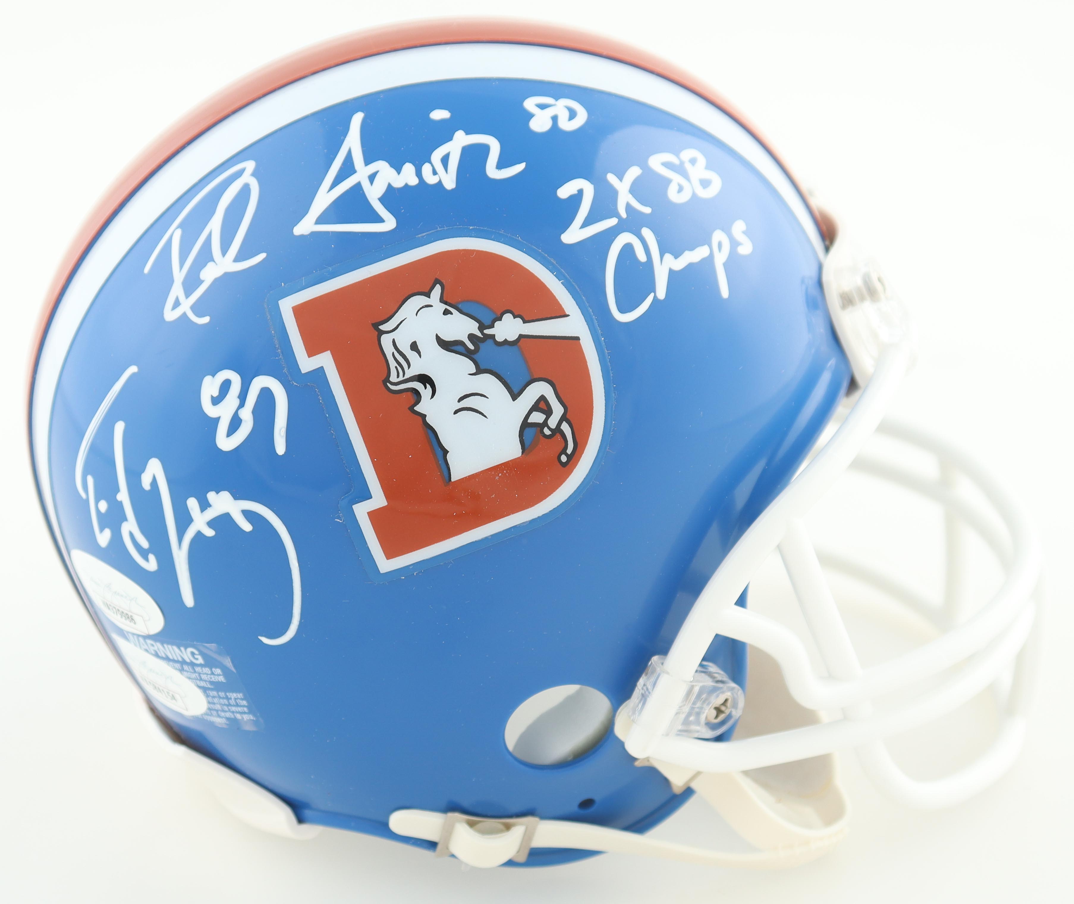 Rod Smith & Ed McCaffrey Signed Broncos Throwback Mini Helmet Inscribed "2X SB Champs" (JSA) at PristineAuction.com Rod Smith & Ed McCaffrey Signed Broncos Throwback Mini Helmet Inscribed "2X SB Champs" (JSA) at PristineAuction.com