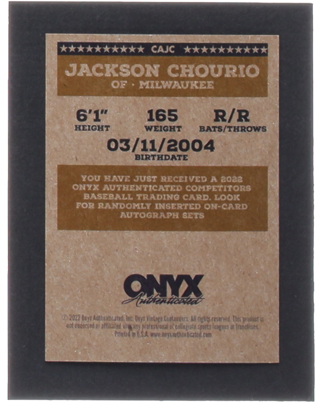 Jackson Chourio Signed 2022 Onyx Vintage Competitors #CAJC at PristineAuction.com Jackson Chourio Signed 2022 Onyx Vintage Competitors #CAJC at PristineAuction.com