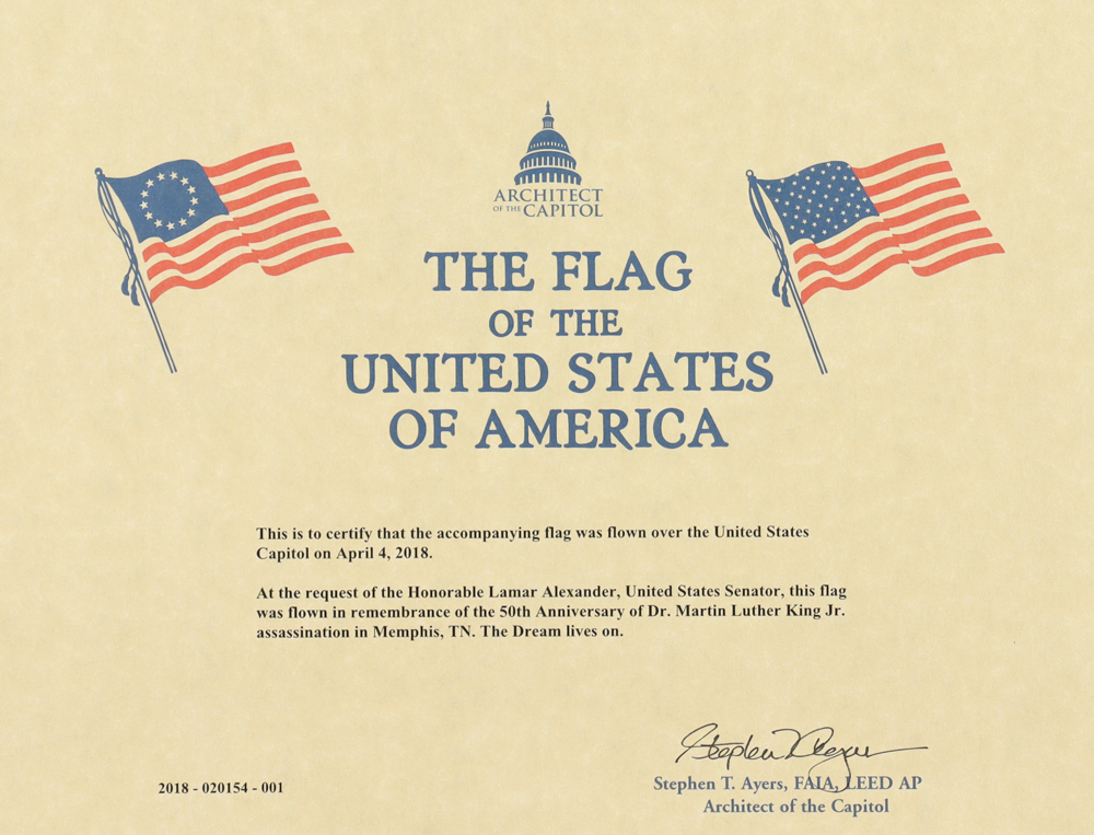 American Flag Flown Over the Capitol for the 50th Anniversary of Dr. Martin Luther King Jr.'s Assassination (Architect of the Capitol) at PristineAuction.com American Flag Flown Over the Capitol for the 50th Anniversary of Dr. Martin Luther King Jr.'s Assassination (Architect of the Capitol) at PristineAuction.com