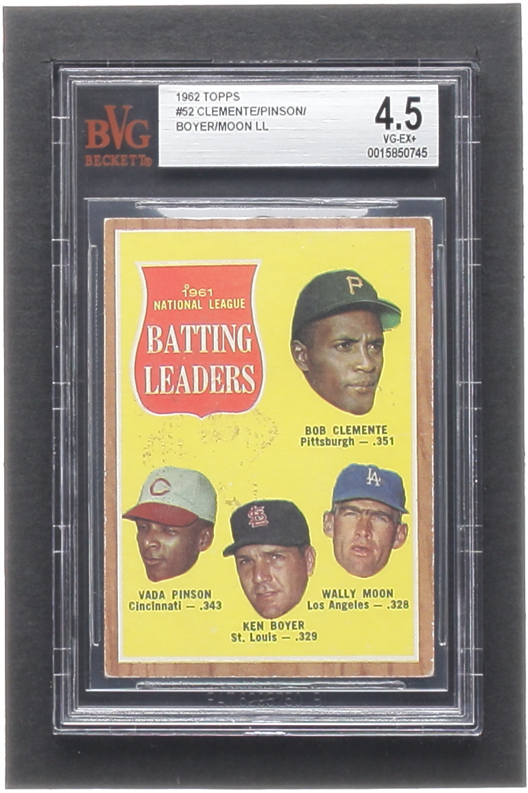 1962 Topps #52 NL Batting Leaders / Roberto Clemente / Vada Pinson / Ken Boyer / Wally Moon (BVG 4.5) at PristineAuction.com 1962 Topps #52 NL Batting Leaders / Roberto Clemente / Vada Pinson / Ken Boyer / Wally Moon (BVG 4.5) at PristineAuction.com