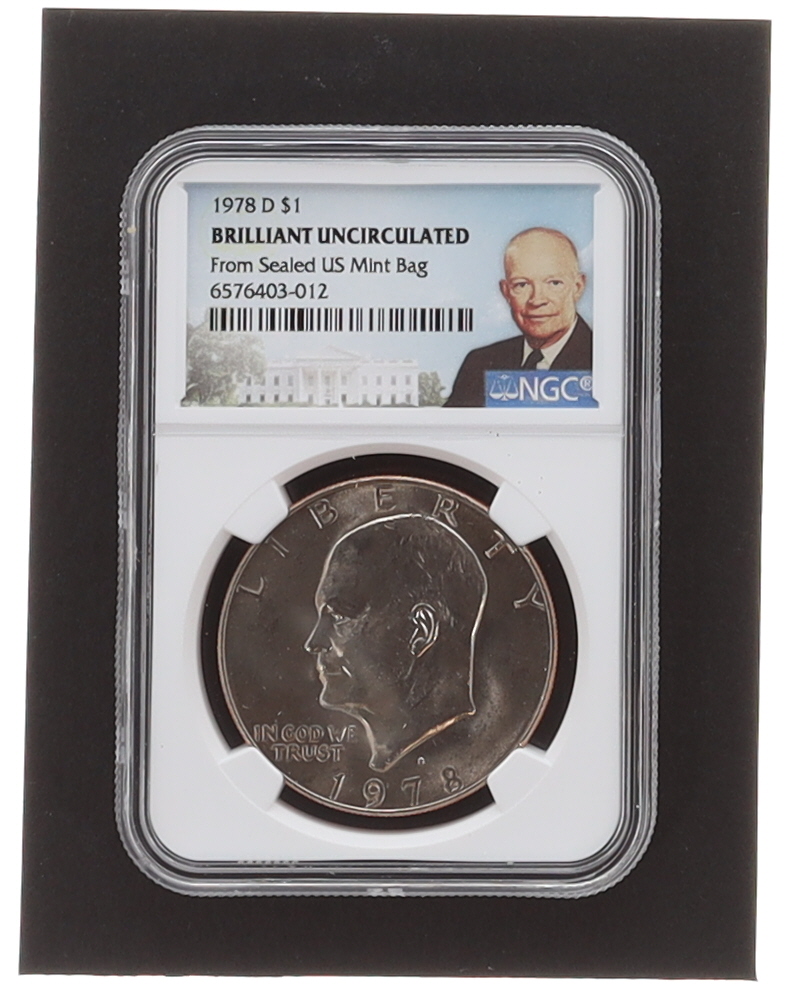 1978-D Eisenhower Silver Dollar - From Sealed US Mint Bag - 50th Anniversary Ike Label (NGC BU) at PristineAuction.com 1978-D Eisenhower Silver Dollar - From Sealed US Mint Bag - 50th Anniversary Ike Label (NGC BU) at PristineAuction.com