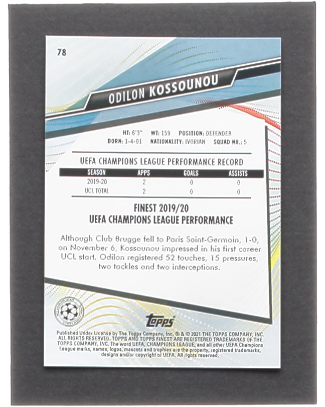 Odilon Kossounou 2020-21 Finest UEFA Champions League #78 RC at PristineAuction.com Odilon Kossounou 2020-21 Finest UEFA Champions League #78 RC at PristineAuction.com