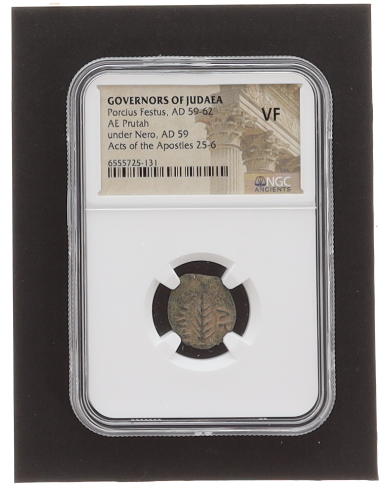 Porclus Festus (AD 59-62) Governors of Judaea Under Nero AD 59 AE Prutah Ancient Biblical Coin (NGC FF) at PristineAuction.com Porclus Festus (AD 59-62) Governors of Judaea Under Nero AD 59 AE Prutah Ancient Biblical Coin (NGC FF) at PristineAuction.com
