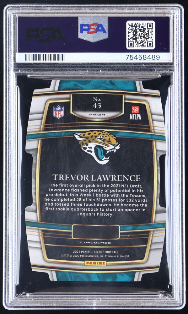 Trevor Lawrence 2021 Select Prizm Red and Blue Die Cut #43 RC (PSA 10) at PristineAuction.com Trevor Lawrence 2021 Select Prizm Red and Blue Die Cut #43 RC (PSA 10) at PristineAuction.com