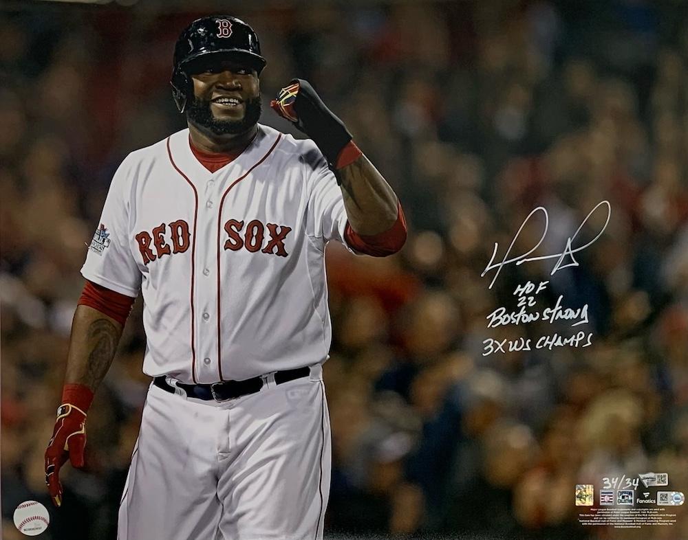 David Ortiz Signed LE Red Sox 16x20 Photo Inscribed "HOF 22", "Boston Strong" & "3X WS Champs" (Fanatics) at PristineAuction.com David Ortiz Signed LE Red Sox 16x20 Photo Inscribed "HOF 22", "Boston Strong" & "3X WS Champs" (Fanatics) at PristineAuction.com