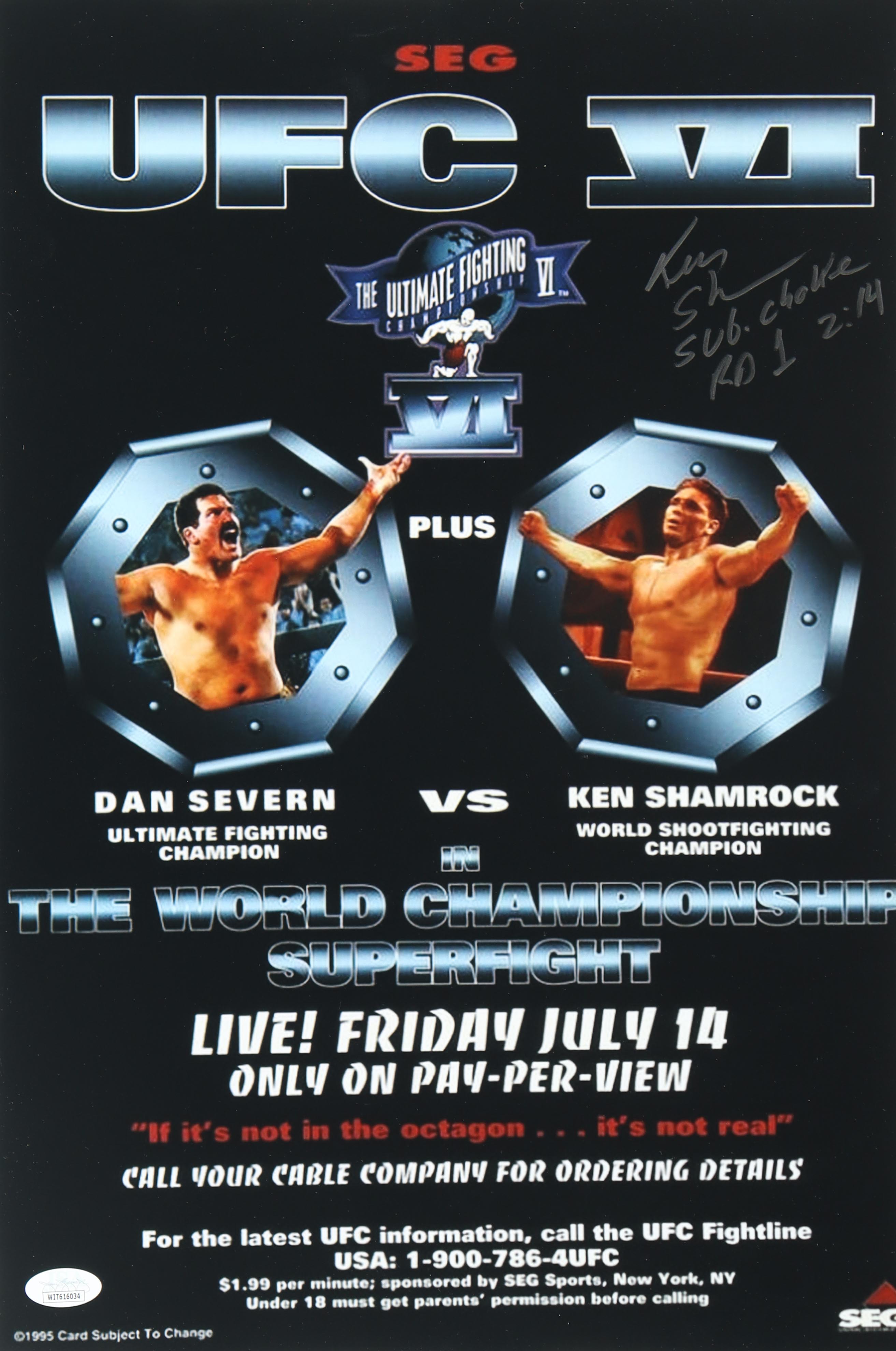 Ken Shamrock Signed UFC 11x17 Photo Inscribed "Sub. Choke RD 1 2:14" (JSA) at PristineAuction.com Ken Shamrock Signed UFC 11x17 Photo Inscribed "Sub. Choke RD 1 2:14" (JSA) at PristineAuction.com