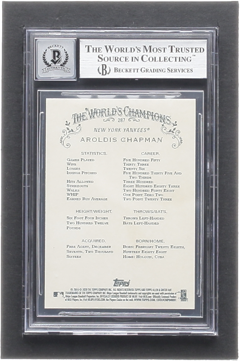 Aroldis Chapman Signed 2020 Topps Allen and Ginter #287 (BGS | Auto 10) at PristineAuction.com Aroldis Chapman Signed 2020 Topps Allen and Ginter #287 (BGS | Auto 10) at PristineAuction.com