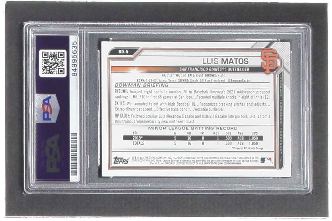 Luis Matos Signed 2021 Bowman Draft #BD5 (PSA) at PristineAuction.com Luis Matos Signed 2021 Bowman Draft #BD5 (PSA) at PristineAuction.com