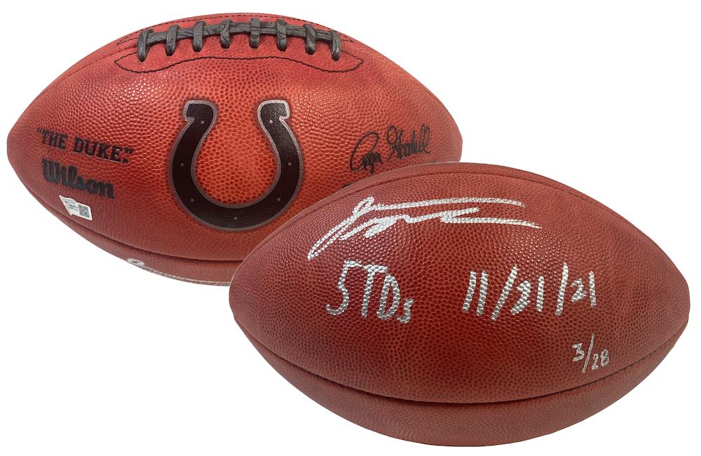 Jonathan Taylor Signed LE "The Duke" Colts Logo Football Inscribed "5 TDs" & "11/21/21" (Fanatics) at PristineAuction.com Jonathan Taylor Signed LE "The Duke" Colts Logo Football Inscribed "5 TDs" & "11/21/21" (Fanatics) at PristineAuction.com