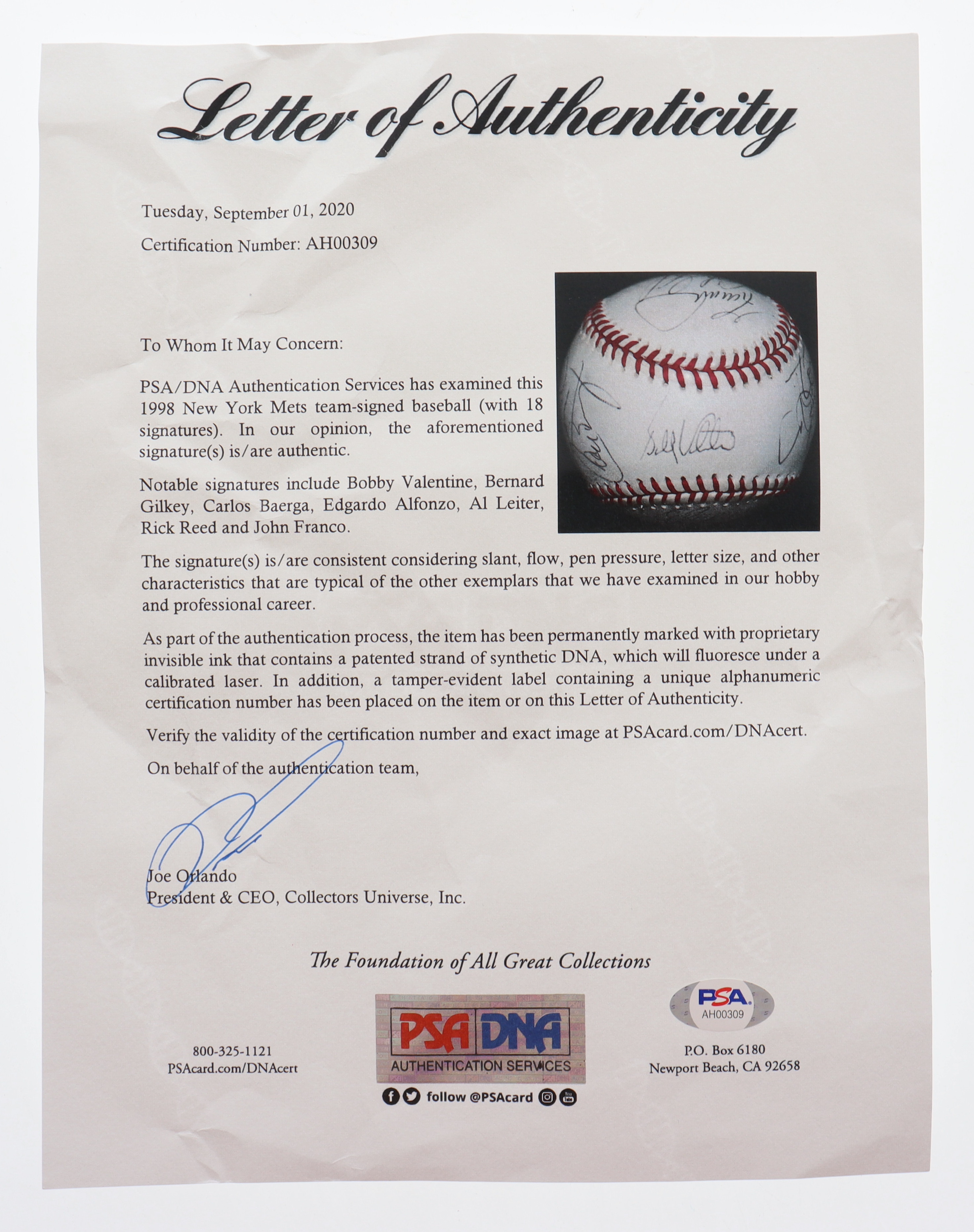 1998 New York Mets Team-signed ONL Baseball Signed by (18) with Bobby Valentine, Rick Reed, John Franco, Al Leiter (PSA) at PristineAuction.com 1998 New York Mets Team-signed ONL Baseball Signed by (18) with Bobby Valentine, Rick Reed, John Franco, Al Leiter (PSA) at PristineAuction.com