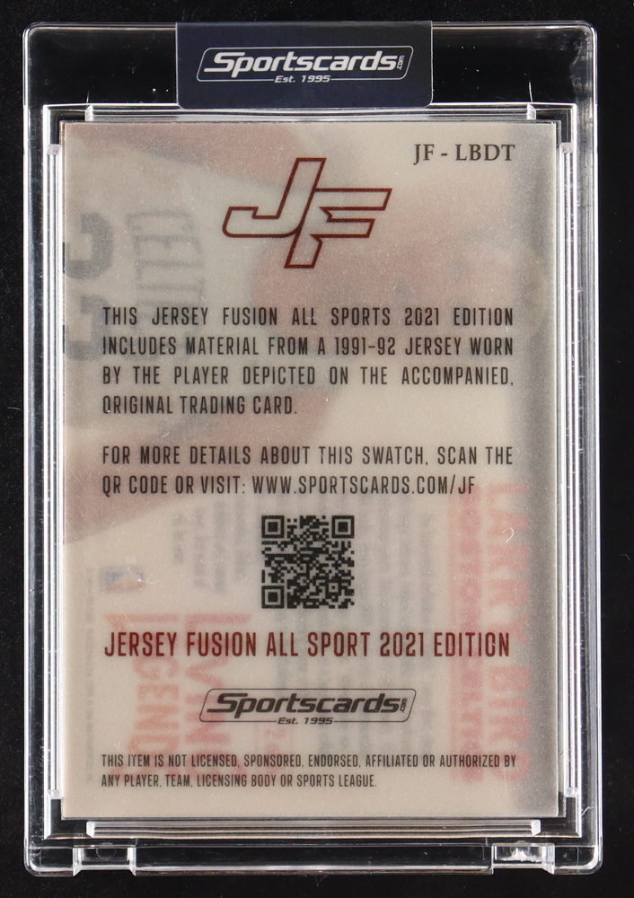 Larry Bird 2021 Sportscards.com Jersey Fusion Game-Used Swatch #JFLBDT #1/1 at PristineAuction.com Larry Bird 2021 Sportscards.com Jersey Fusion Game-Used Swatch #JFLBDT #1/1 at PristineAuction.com