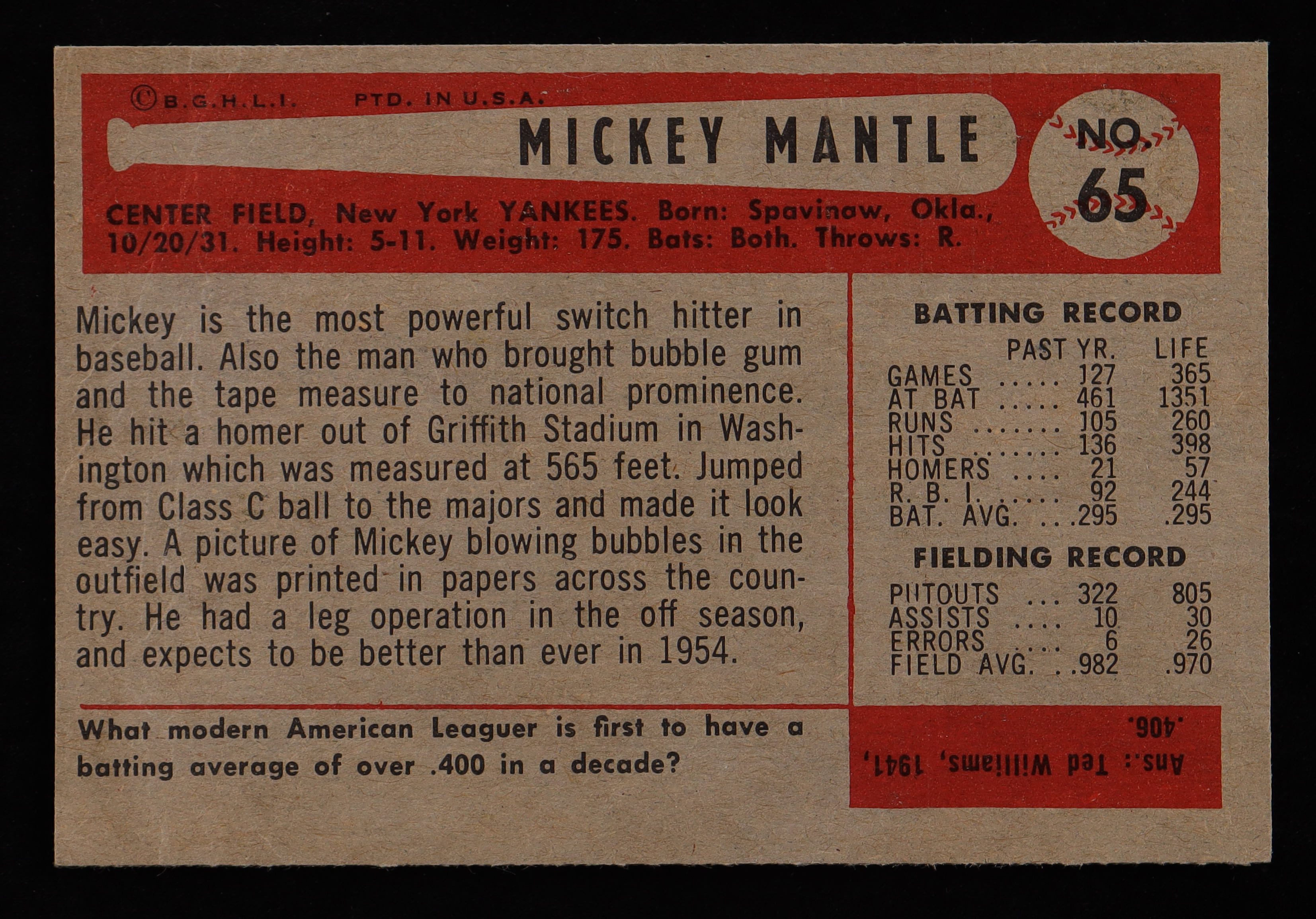 Mickey Mantle 1954 Bowman #65 at PristineAuction.com Mickey Mantle 1954 Bowman #65 at PristineAuction.com