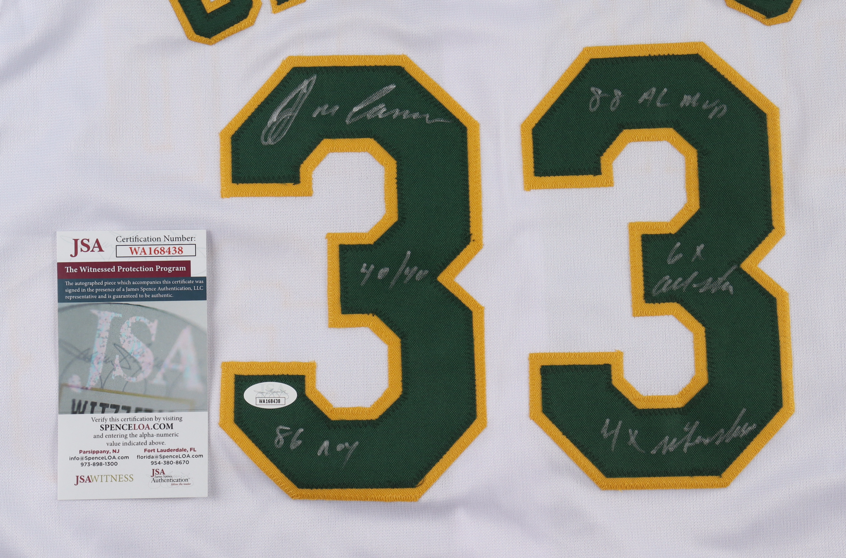 Jose Canseco Signed Jersey With Multiple Stat Inscriptions (JSA) at PristineAuction.com Jose Canseco Signed Jersey With Multiple Stat Inscriptions (JSA) at PristineAuction.com