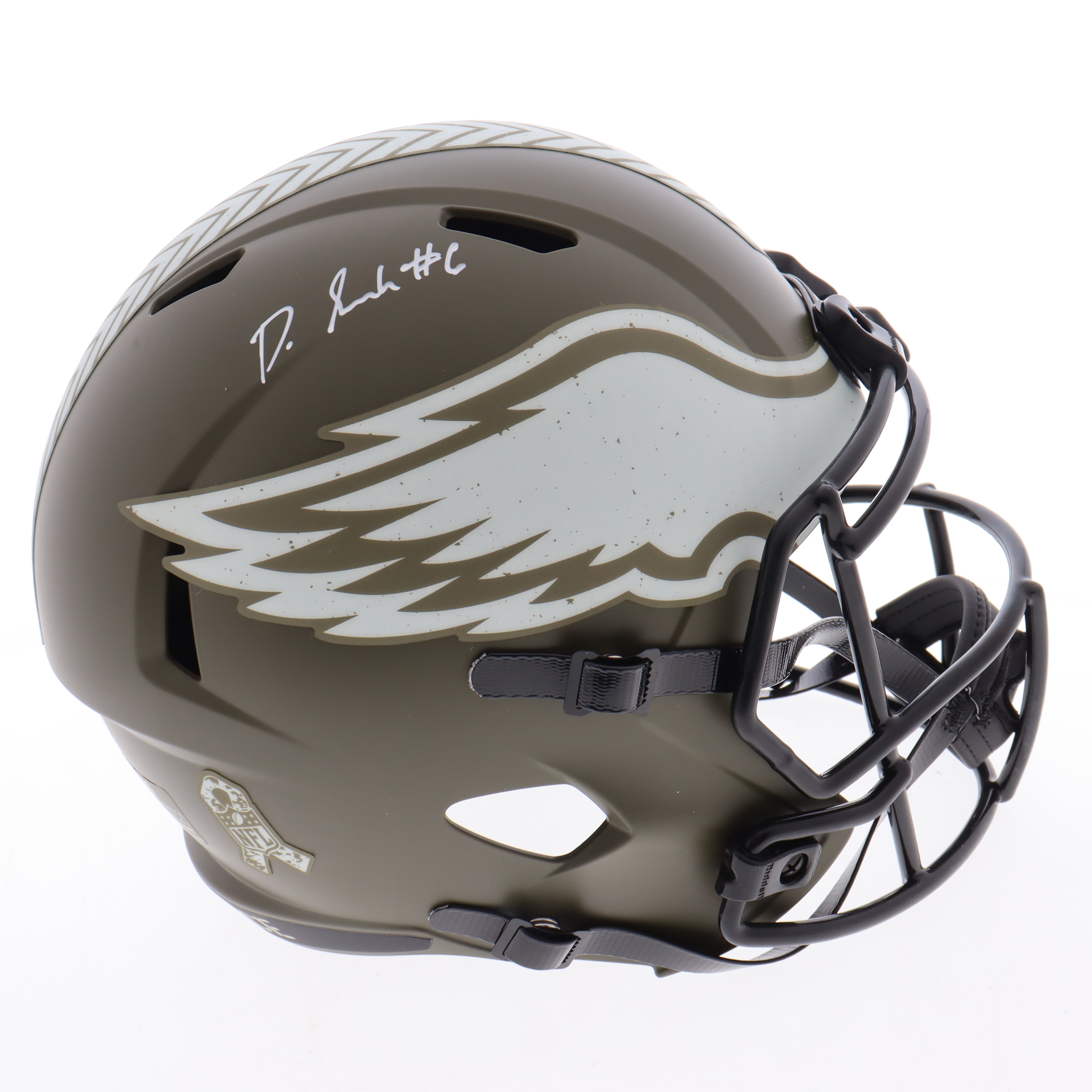 DeVonta Smith Signed Eagles Full-Size Salute to Service Alternate Speed Helmet (Fanatics) at PristineAuction.com DeVonta Smith Signed Eagles Full-Size Salute to Service Alternate Speed Helmet (Fanatics) at PristineAuction.com