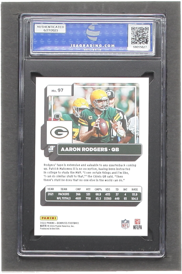 Aaron Rodgers 2022 Donruss Press Proof Premium #97 (ISA 10) at PristineAuction.com Aaron Rodgers 2022 Donruss Press Proof Premium #97 (ISA 10) at PristineAuction.com