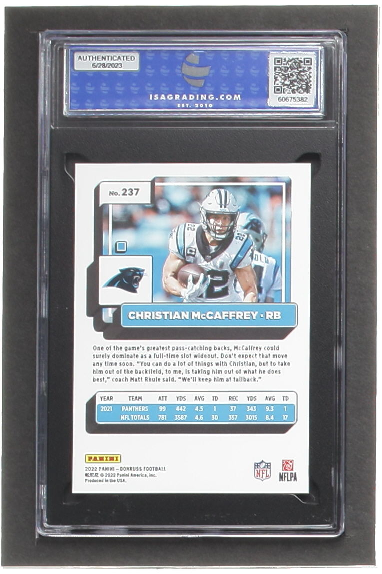 Christian McCaffrey 2022 Donruss Press Proof Premium #237 (ISA 10) at PristineAuction.com Christian McCaffrey 2022 Donruss Press Proof Premium #237 (ISA 10) at PristineAuction.com