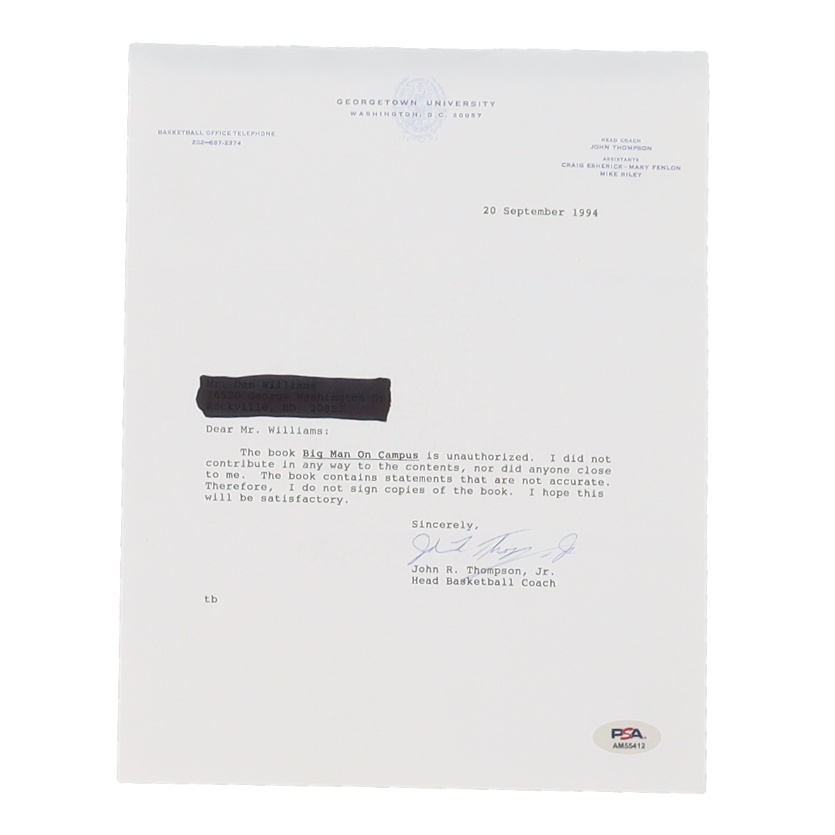John Thompson Signed 1994 Typewritten Letter on Georgetown University Stationery (PSA) at PristineAuction.com John Thompson Signed 1994 Typewritten Letter on Georgetown University Stationery (PSA) at PristineAuction.com