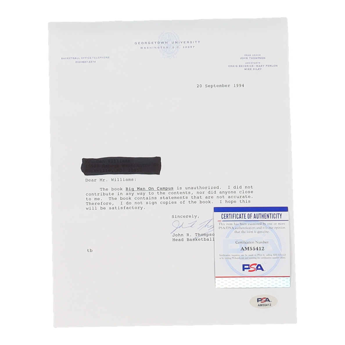 John Thompson Signed 1994 Typewritten Letter on Georgetown University Stationery (PSA) at PristineAuction.com John Thompson Signed 1994 Typewritten Letter on Georgetown University Stationery (PSA) at PristineAuction.com