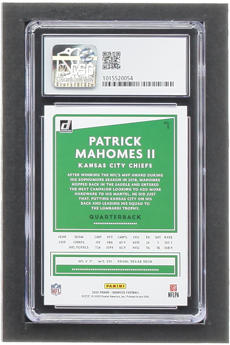 Patrick Mahomes II 2020 Donruss Press Proof Blue #1A (CSG 9) at PristineAuction.com Patrick Mahomes II 2020 Donruss Press Proof Blue #1A (CSG 9) at PristineAuction.com