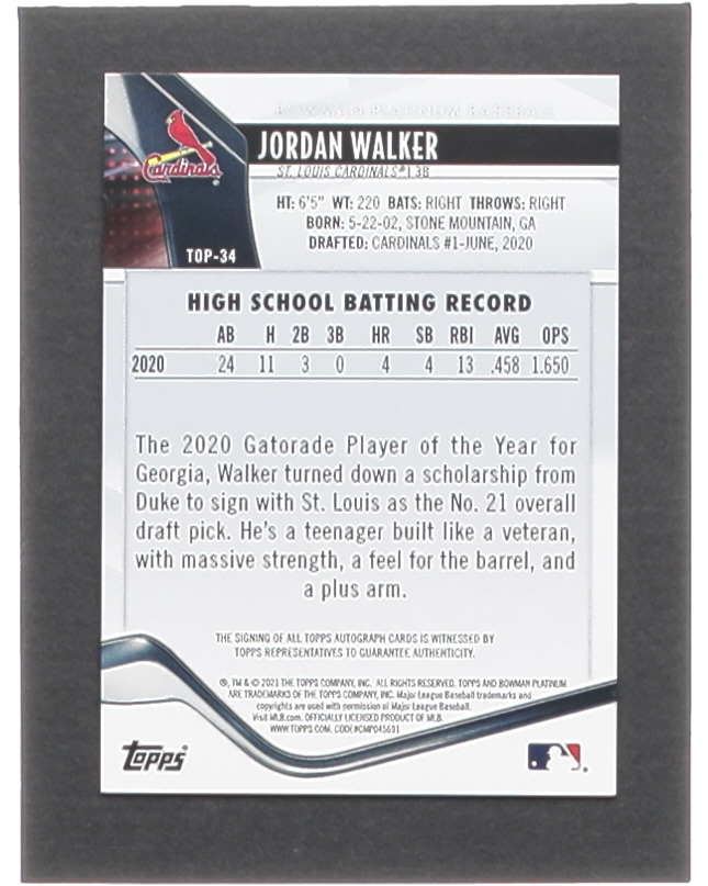 Jordan Walker 2021 Bowman Platinum Top Prospect Autographs #TOP34 at PristineAuction.com Jordan Walker 2021 Bowman Platinum Top Prospect Autographs #TOP34 at PristineAuction.com