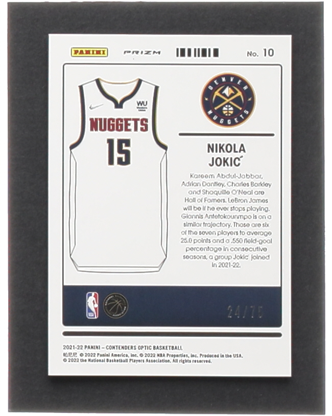 Nikola Jokic 2021-22 Panini Contenders Optic Uniformity Blue Cracked Ice #10 #24/75 at PristineAuction.com Nikola Jokic 2021-22 Panini Contenders Optic Uniformity Blue Cracked Ice #10 #24/75 at PristineAuction.com