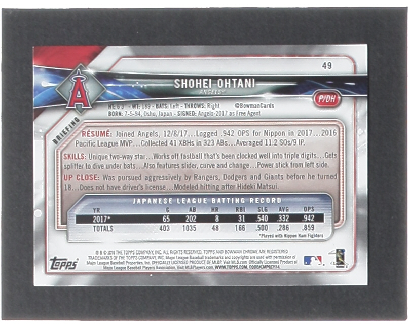 Shohei Ohtani 2018 Bowman #49 RC at PristineAuction.com Shohei Ohtani 2018 Bowman #49 RC at PristineAuction.com