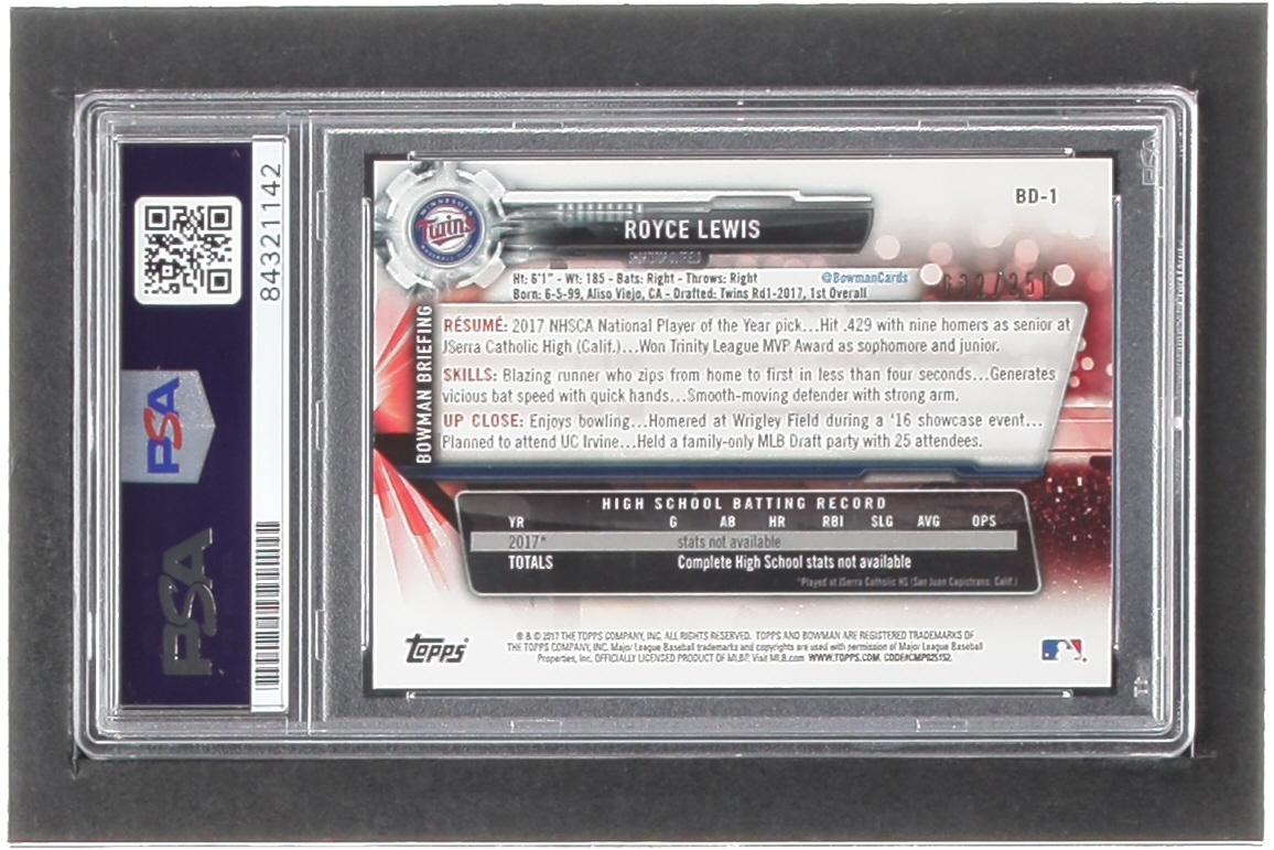 Royce Lewis Signed 2017 Bowman Draft Purple #BD1 #002/250 RC (PSA) at PristineAuction.com Royce Lewis Signed 2017 Bowman Draft Purple #BD1 #002/250 RC (PSA) at PristineAuction.com