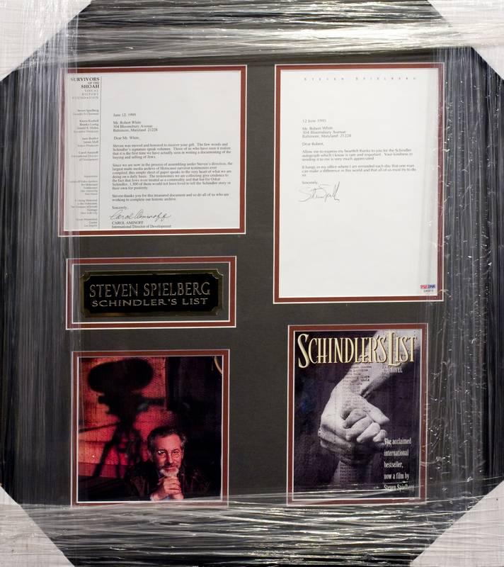 Steven Spielberg Signed Letter Display Schindler's List Custom Framed 22" x 25" Display (PSA LOA) at PristineAuction.com Steven Spielberg Signed Letter Display Schindler's List Custom Framed 22" x 25" Display (PSA LOA) at PristineAuction.com