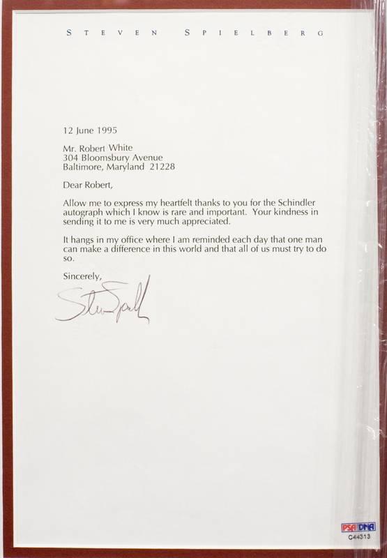 Steven Spielberg Signed Letter Display Schindler's List Custom Framed 22" x 25" Display (PSA LOA) at PristineAuction.com Steven Spielberg Signed Letter Display Schindler's List Custom Framed 22" x 25" Display (PSA LOA) at PristineAuction.com