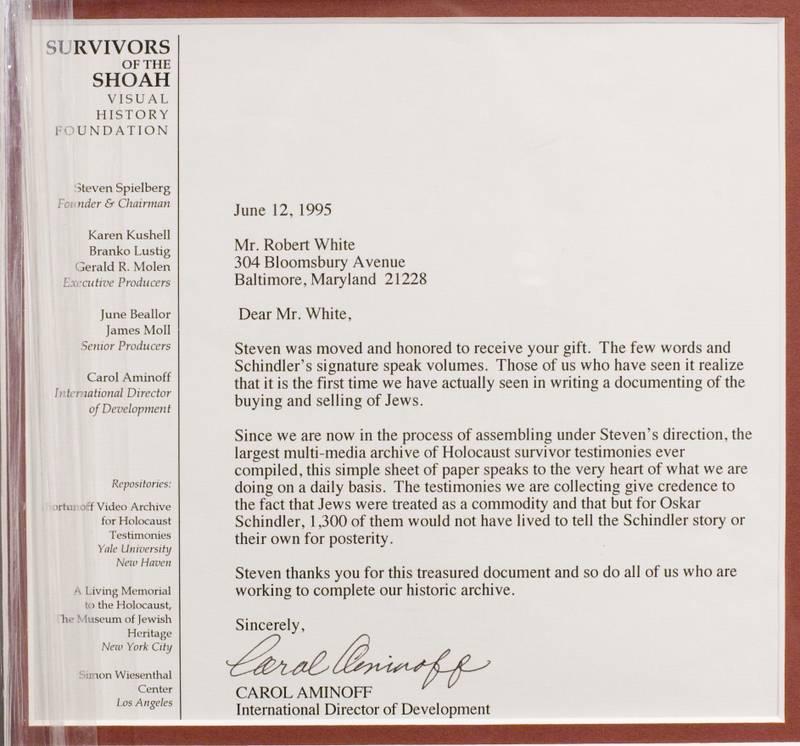 Steven Spielberg Signed Letter Display Schindler's List Custom Framed 22" x 25" Display (PSA LOA) at PristineAuction.com Steven Spielberg Signed Letter Display Schindler's List Custom Framed 22" x 25" Display (PSA LOA) at PristineAuction.com