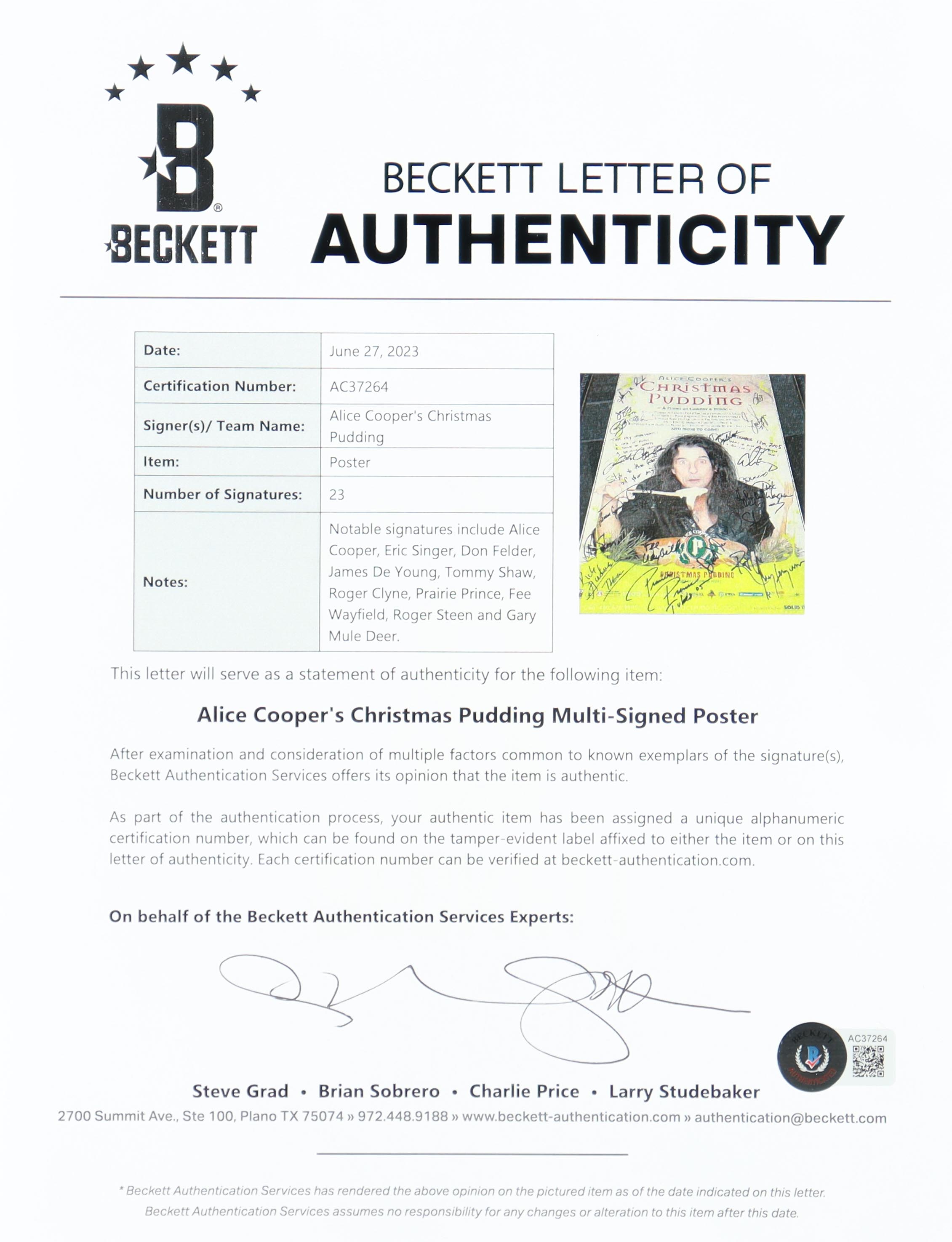 2005 "Alice Cooper's Christmas Pudding" Custom Framed Poster Signed by (23) with Alice Cooper, Eric Singer, Don Felder, James De Young (Beckett) at PristineAuction.com 2005 "Alice Cooper's Christmas Pudding" Custom Framed Poster Signed by (23) with Alice Cooper, Eric Singer, Don Felder, James De Young (Beckett) at PristineAuction.com