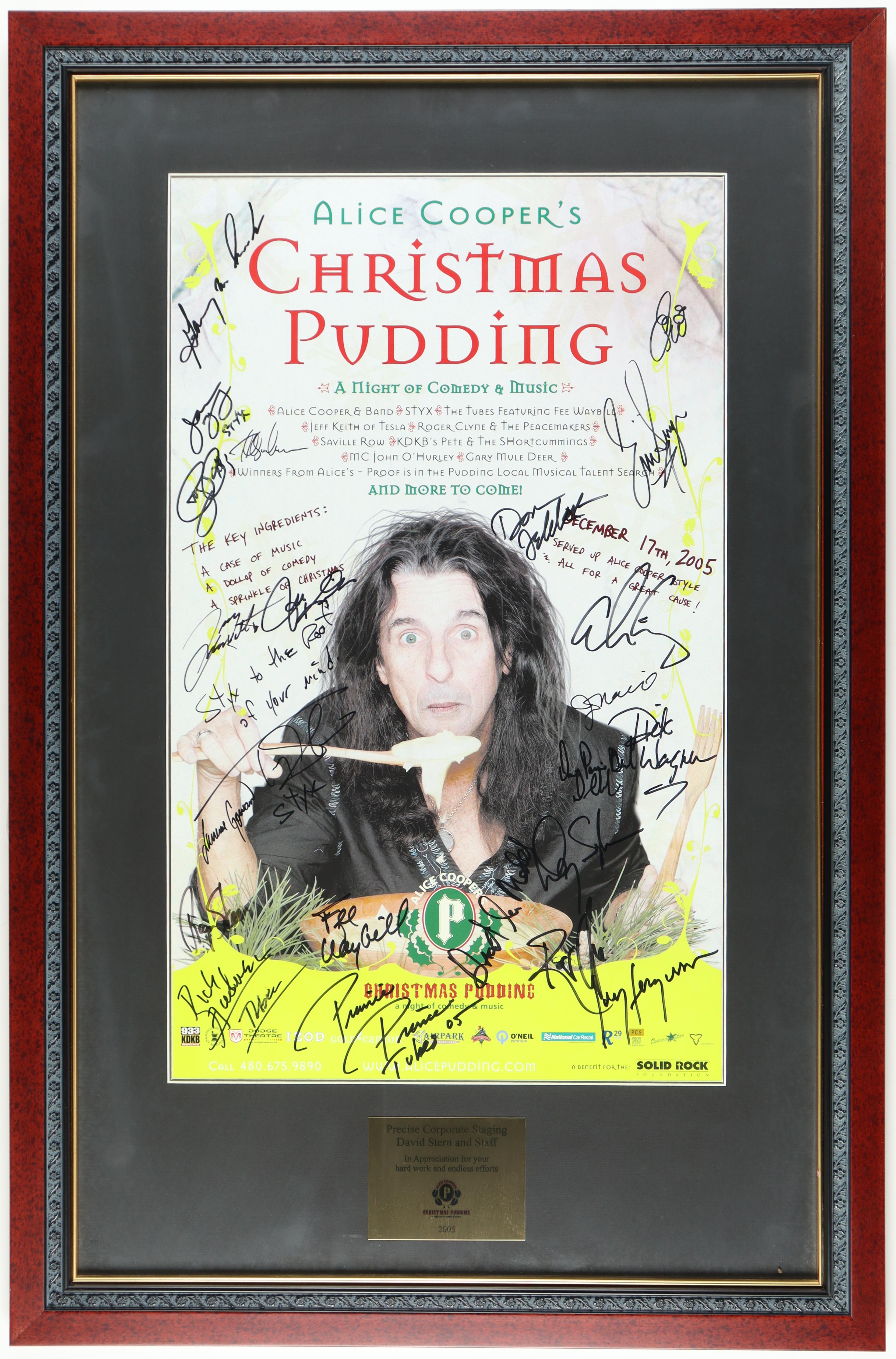 2005 "Alice Cooper's Christmas Pudding" Custom Framed Poster Signed by (23) with Alice Cooper, Eric Singer, Don Felder, James De Young (Beckett) at PristineAuction.com 2005 "Alice Cooper's Christmas Pudding" Custom Framed Poster Signed by (23) with Alice Cooper, Eric Singer, Don Felder, James De Young (Beckett) at PristineAuction.com