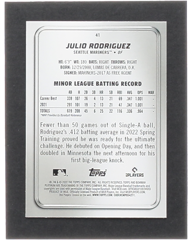 Julio Rodriguez 2022 Bowman Platinum #41 RC at PristineAuction.com Julio Rodriguez 2022 Bowman Platinum #41 RC at PristineAuction.com