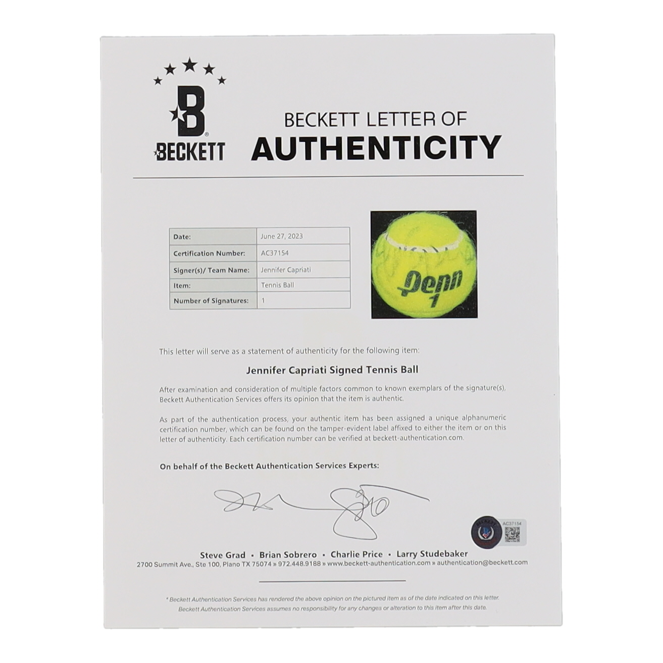 Jennifer Capriati Signed Tennis Ball (Beckett) at PristineAuction.com Jennifer Capriati Signed Tennis Ball (Beckett) at PristineAuction.com