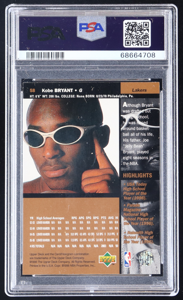 Kobe Bryant 1996-97 Upper Deck #58 RC (PSA 8) at PristineAuction.com Kobe Bryant 1996-97 Upper Deck #58 RC (PSA 8) at PristineAuction.com