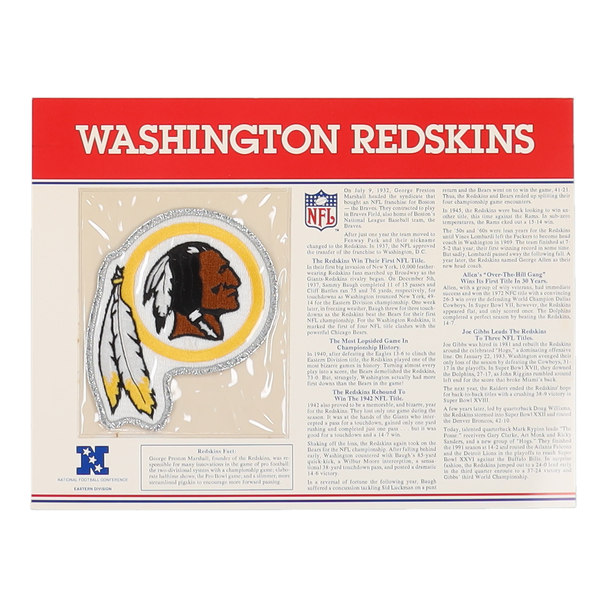 Vintage Redskins 9x12 Stat Card With Cloth Uniform Patch at PristineAuction.com Vintage Redskins 9x12 Stat Card With Cloth Uniform Patch at PristineAuction.com