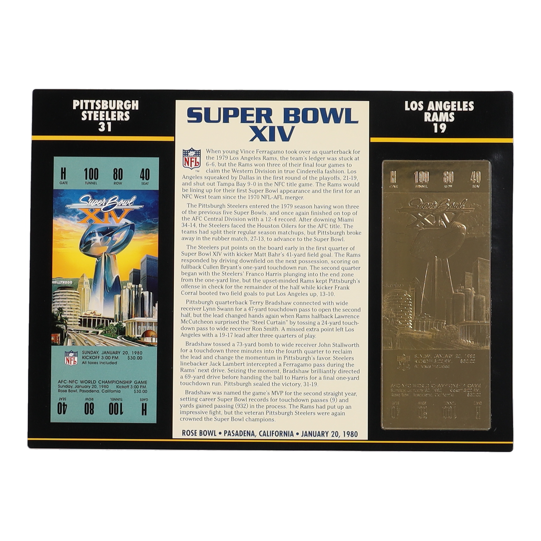 Super Bowl XIV Commemorative 9x12 Score Card Display with 23kt Gold Ticket at PristineAuction.com Super Bowl XIV Commemorative 9x12 Score Card Display with 23kt Gold Ticket at PristineAuction.com