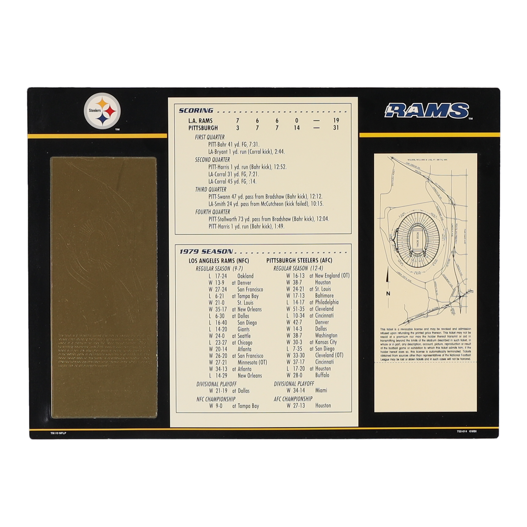 Super Bowl XIV Commemorative 9x12 Score Card Display with 23kt Gold Ticket at PristineAuction.com Super Bowl XIV Commemorative 9x12 Score Card Display with 23kt Gold Ticket at PristineAuction.com